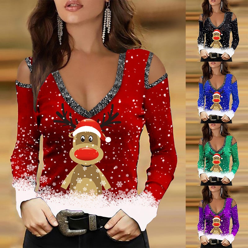 2023 Wish New Christmas Elk Print Black Edge V Neck Off-Shoulder Casual Long-Sleeved T-Shirt For Women - Image 2