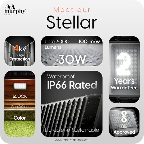 Murphy Stellar 30W LED Flood Light with Day-Night Sensor & Driver, Cool White 6500K, IP66 Waterproof, Outdoor Security & Landscape Lighting, BIS Approved, 2-Year Warranty – Pack of 1 - Image 4
