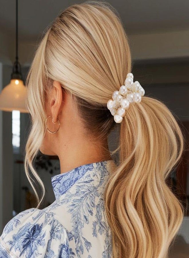 CAKURE Pearl Hair Ties White Beaded Ponytail Holder Elastic Hair Scrunchies Pearl Hair Accessories for Women (Pack of 3) - Image 3