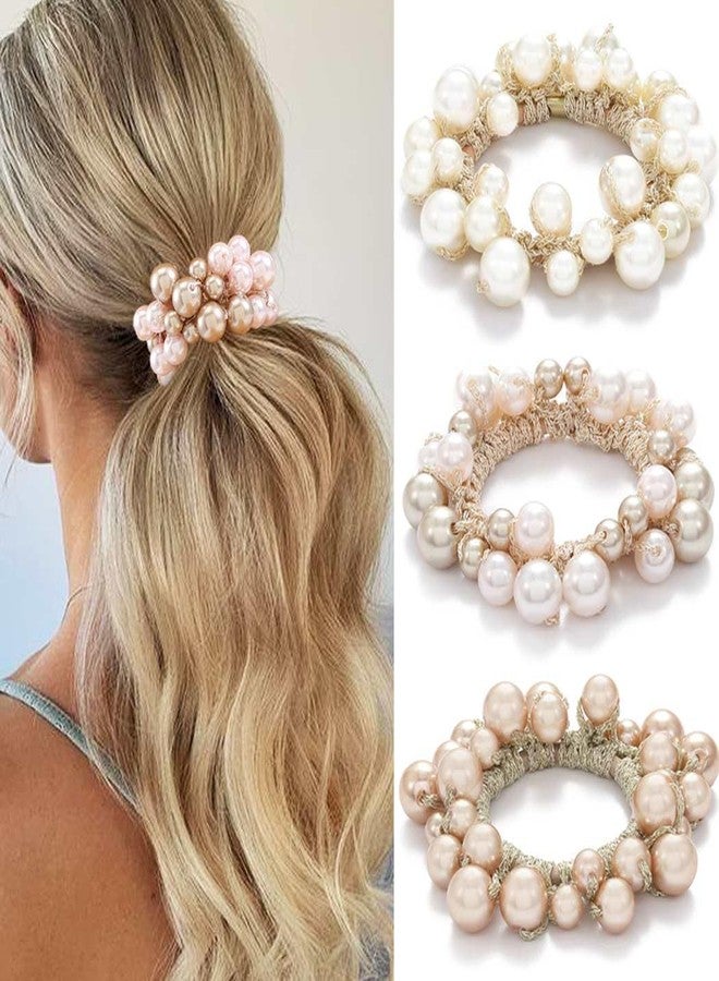 CAKURE Pearl Hair Ties White Beaded Ponytail Holder Elastic Hair Scrunchies Pearl Hair Accessories for Women (Pack of 3) - Image 1