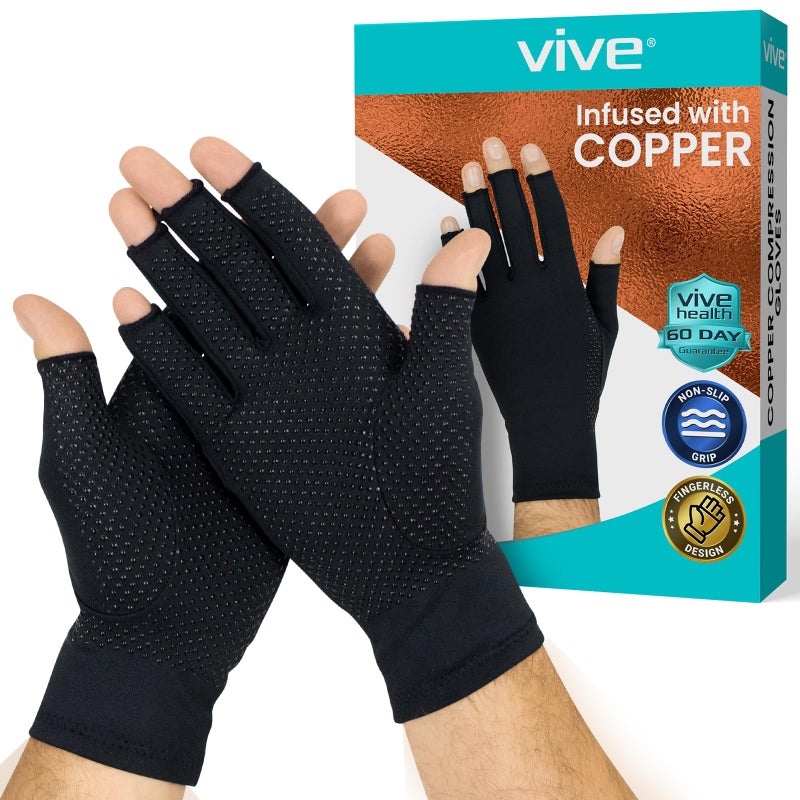 Vive Copper Infused Fingerless Arthritis Compression Gloves Pair Relief for Men Women Rheumatoid Swelling Carpal Tunnel Tendonitis Edema Hand Finger Pain Comfortable NonSlip Large