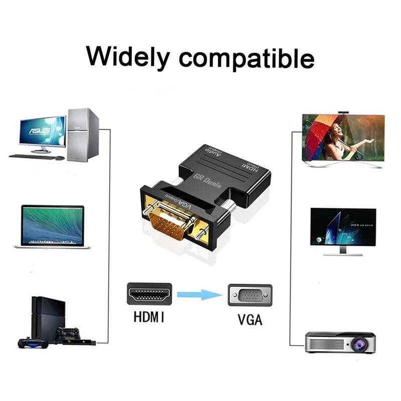 GR Deals GR Deals HDMI to VGA Adapter Converter with 3.5mm Stereo Audio, Active Female HDMI to VGA Male 1080p Video Dongle Adaptor for Laptop PC PS/3 X/-Box STB Blu-ray DVD TV Stick. Black. (Pack of 2) - Image 5