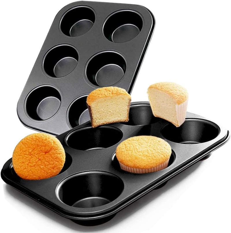 ASBAYSON 2 Packs Premium Steel Muffin Pan for Baking, Round Muffin Baking Pan, Baking Tray for Muffins, Cupcakes, Brownie(Black, 6 Cup) - Image 1