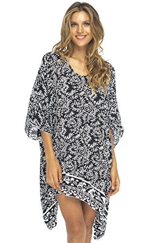 Back From Bali Womens Beach Swimsuit Cover Up Dress Caftan Floral Short Poncho Bun Black - Image 1