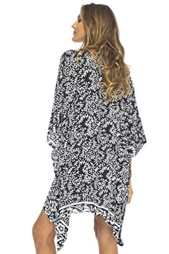 Back From Bali Womens Beach Swimsuit Cover Up Dress Caftan Floral Short Poncho Bun Black - Image 2