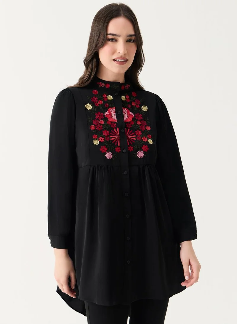 Zigzag Long Sleeve Front Embroidered Chiffon Top