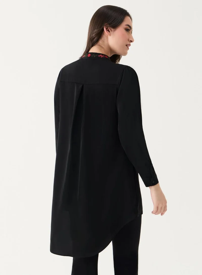 Zigzag Long Sleeve Front Embroidered Chiffon Top