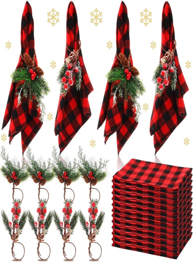 Suttmin 24 Pcs Christmas Napkins and Ring Set 12 Cloth Dinner Napkin Cocktails Buffalo Plaid Napkins 12 Christmas Napkin Rings Pine Cone Holder for Holiday Party Supplies (Red Black) - Image 1