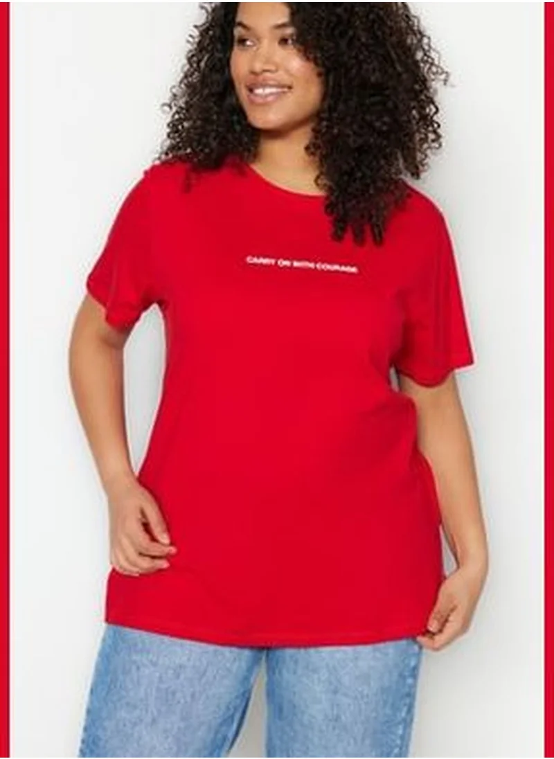 trendyol Red Crew Neck Printed Knitted T-Shirt