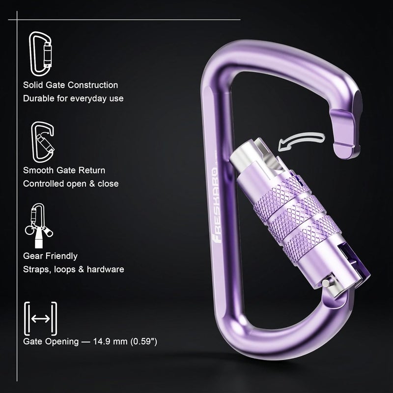 FresKaro 3inch 12kN-2698lbs Auto Locking Carabiner Clips, Solid D Shape, Heavy Duty 7075 Aluminum, Lightweight 1.09oz, Rust Proof, for Hammock, Hiking, Dog Leash, Keychain etc., Multi-Colors - Image 3