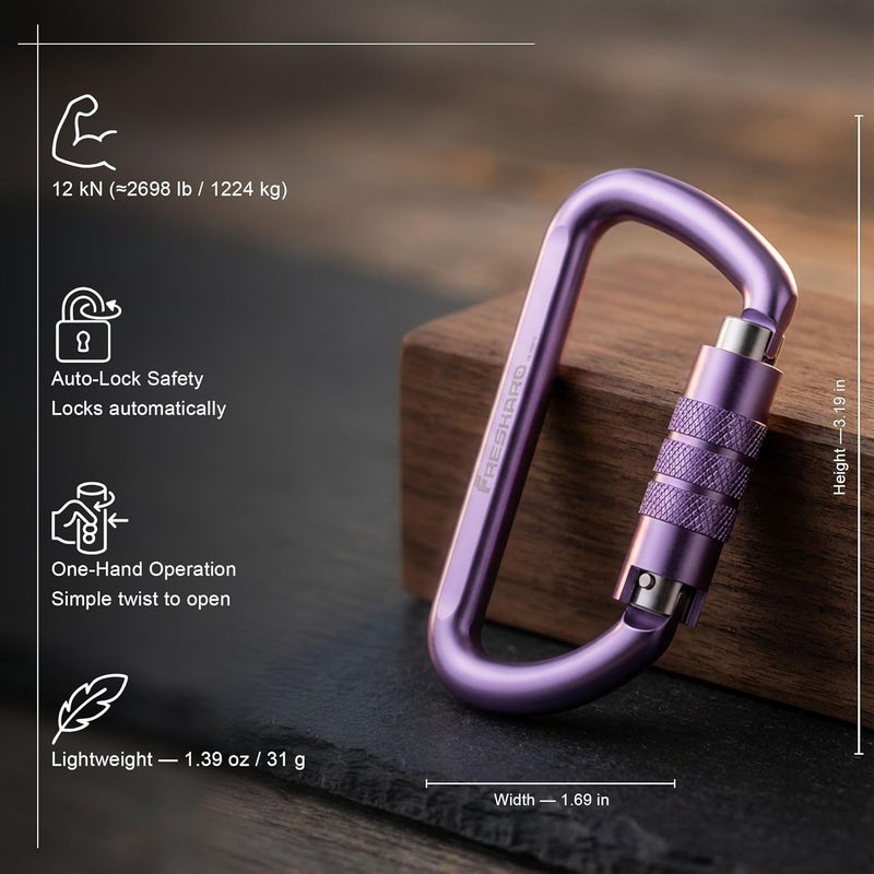 FresKaro 3inch 12kN-2698lbs Auto Locking Carabiner Clips, Solid D Shape, Heavy Duty 7075 Aluminum, Lightweight 1.09oz, Rust Proof, for Hammock, Hiking, Dog Leash, Keychain etc., Multi-Colors - Image 2