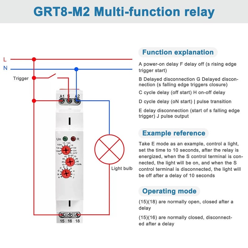 Jadeshay GRT8M2 Multifunctional Time Relay ACDC 12240V 10 Delay Functions 01s10day Range LED Status Indicator Lights DIN Rail Mount - Image 5