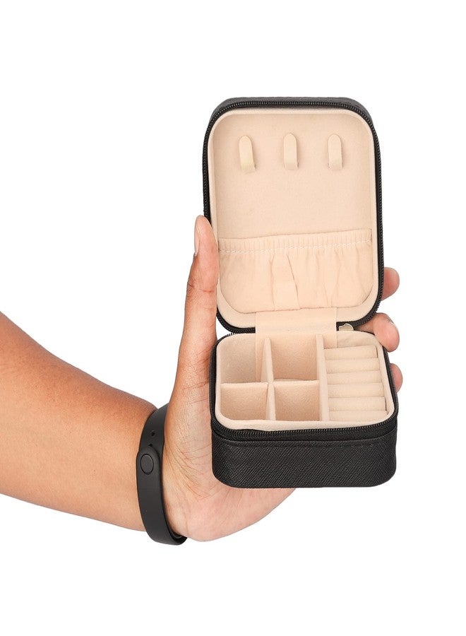 NFI essentials Small Pu Leather Jewellery Organiser Box Portable Travel Jewelry Storage Case For Women & Girls For Ring, Pendant, Earring, Necklace, Bracelet, Black - Image 2