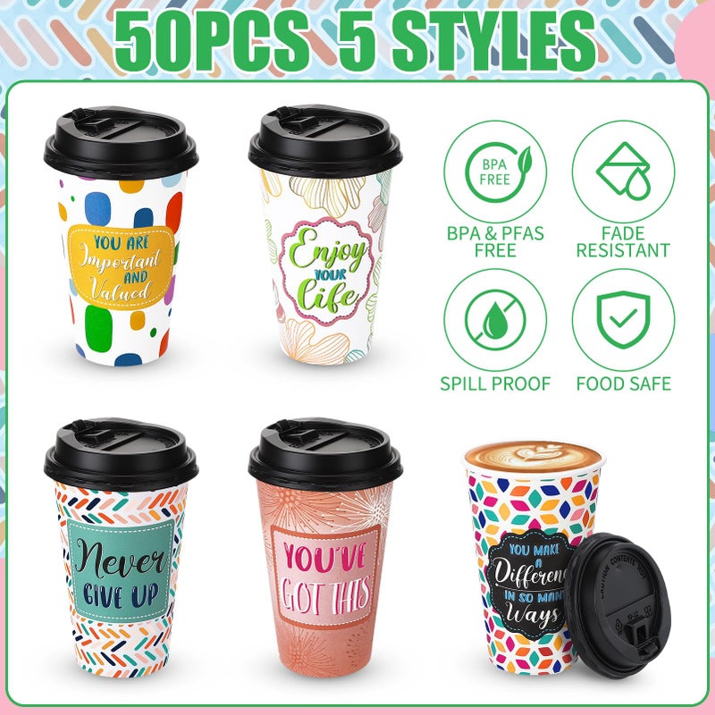 Ovveroche 50 Pack 16 oz Disposable Coffee Cups with Lids,5 Motivational Encouragemen Positivity Paper Hot Cups for Hot and Cold Beverages,Coffee,Tea,Water,Juice - Image 2