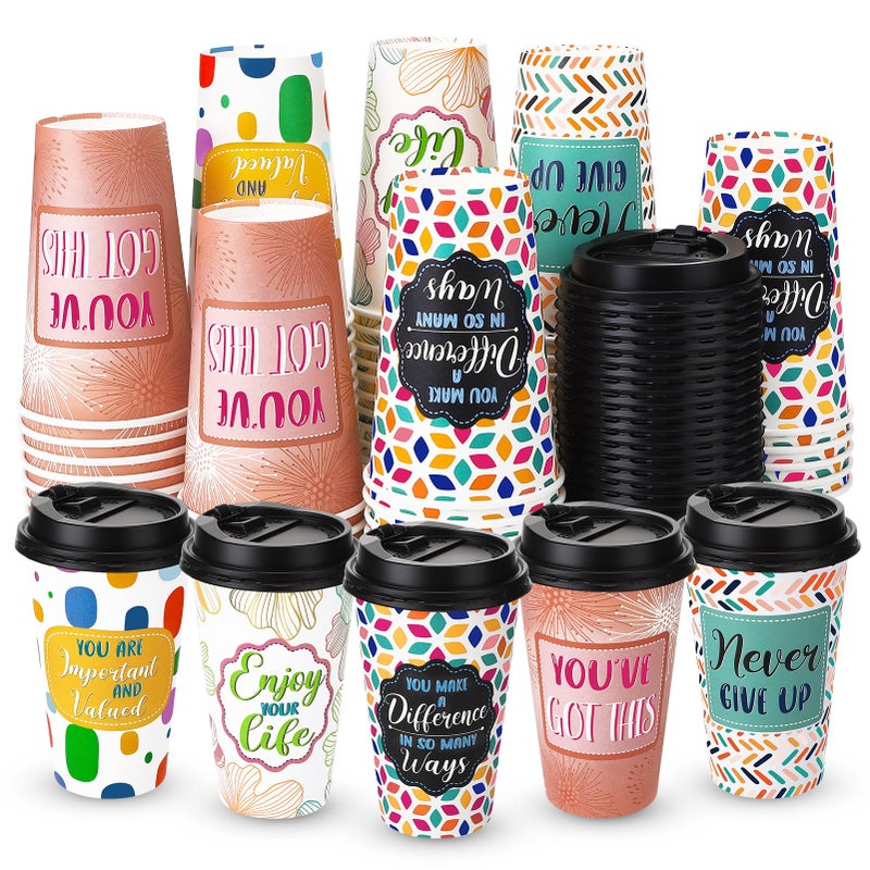 Ovveroche 50 Pack 16 oz Disposable Coffee Cups with Lids,5 Motivational Encouragemen Positivity Paper Hot Cups for Hot and Cold Beverages,Coffee,Tea,Water,Juice - Image 1