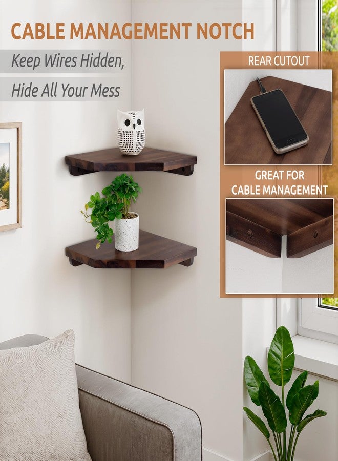 Demigo Hexagon Corner Floating Shelves Wall Mount (Set of 2) - Solid Acacia Wood with Hidden Brackets & Cable Hole - Rustic & Modern Space-Saving Shelves for Bedroom Living Room Office Kitchen - Image 3