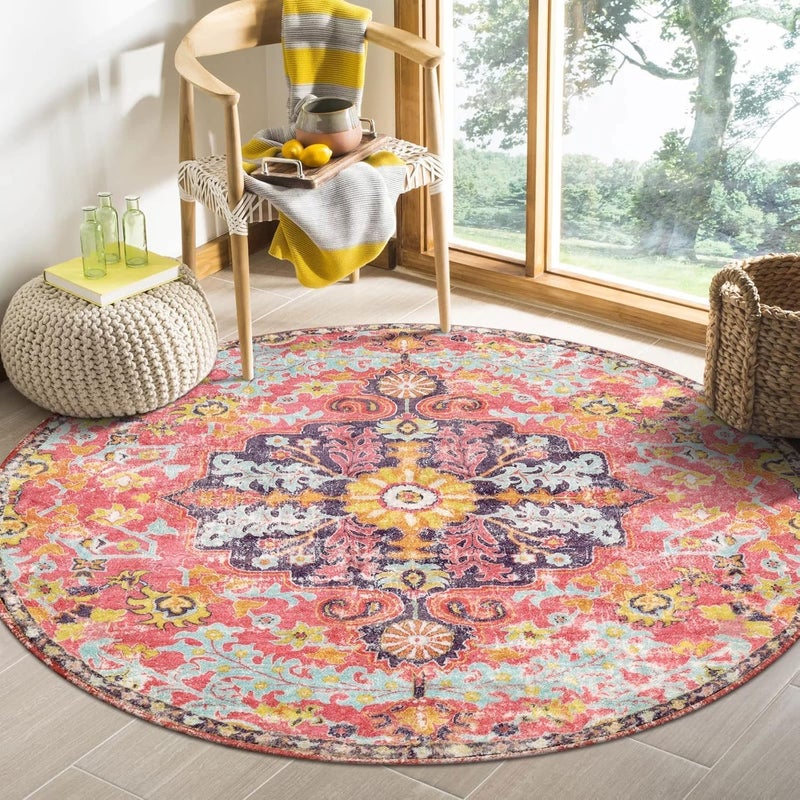 CLENEA 4ft Bohemian Floral Medallion Round Rug, Hot Pink Washable Turkish Area Rug, Soft Indoor Floor Mat for Bedroom, Living Room, Nursery - Image 1