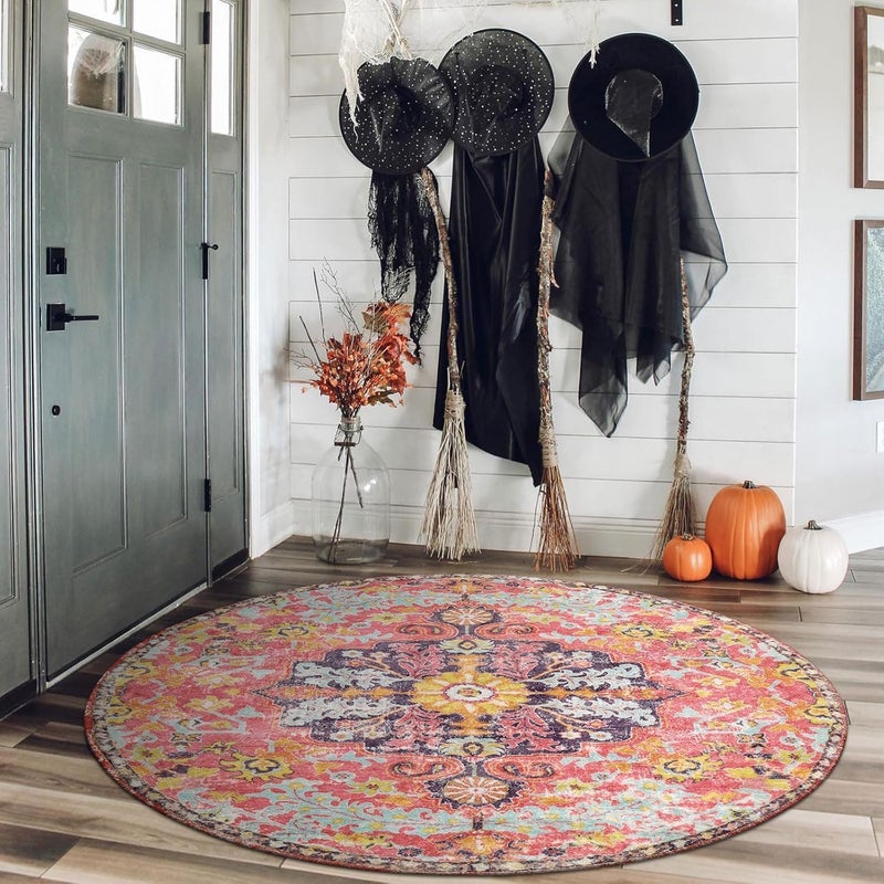 CLENEA 4ft Bohemian Floral Medallion Round Rug, Hot Pink Washable Turkish Area Rug, Soft Indoor Floor Mat for Bedroom, Living Room, Nursery - Image 3