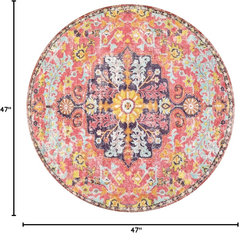 CLENEA 4ft Bohemian Floral Medallion Round Rug, Hot Pink Washable Turkish Area Rug, Soft Indoor Floor Mat for Bedroom, Living Room, Nursery - Image 2