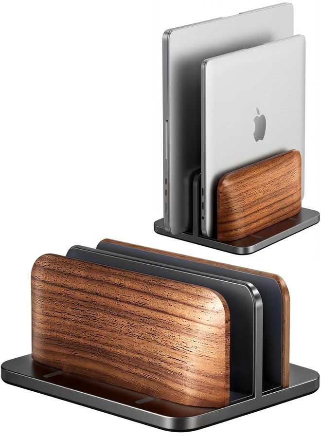 JCZT Vertical Laptop Stand, Walnut Dual Laptop Holder, Black - Image 1