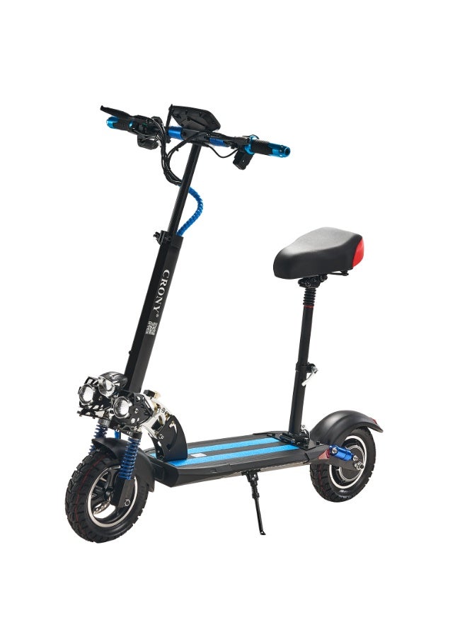 Crony V10 Big LCD Display 1200W Motor E-Scooter, 48V 12AH Battery, 42 MRH Max Speed 20-40KM Range, Off-Road Rubber Tires, Dual Disc Brakes, Front & Rear Suspension, Foldable Aluminum Frame, Triple LED Headlights, LED Base Lighting,  with Seat, Heavy Duty 265 lbs Load Capacity Black - Image 1