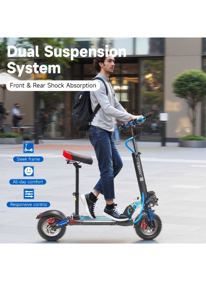 Crony V10 Big LCD Display 1200W Motor E-Scooter, 48V 12AH Battery, 42 MRH Max Speed 20-40KM Range, Off-Road Rubber Tires, Dual Disc Brakes, Front & Rear Suspension, Foldable Aluminum Frame, Triple LED Headlights, LED Base Lighting,  with Seat, Heavy Duty 265 lbs Load Capacity Black - Image 5