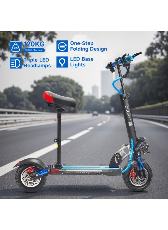 Crony V10 Big LCD Display 1200W Motor E-Scooter, 48V 12AH Battery, 42 MRH Max Speed 20-40KM Range, Off-Road Rubber Tires, Dual Disc Brakes, Front & Rear Suspension, Foldable Aluminum Frame, Triple LED Headlights, LED Base Lighting,  with Seat, Heavy Duty 265 lbs Load Capacity Black - Image 3