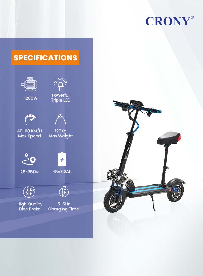 Crony V10 Big LCD Display 1200W Motor E-Scooter, 48V 12AH Battery, 42 MRH Max Speed 20-40KM Range, Off-Road Rubber Tires, Dual Disc Brakes, Front & Rear Suspension, Foldable Aluminum Frame, Triple LED Headlights, LED Base Lighting,  with Seat, Heavy Duty 265 lbs Load Capacity Black - Image 2