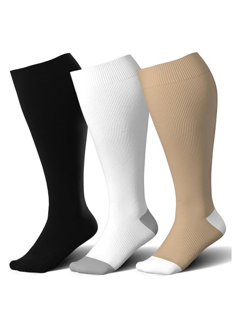 SOLARAE 3 Pairs Wide Calf Compression Socks, Copper Compression Socks for Women & Men, 15-20mmHg Knee High Large Support Stockings, Circulation, Running, Athletic, Cycling, Nurses, Flight, Traveling (2XL) - Image 1
