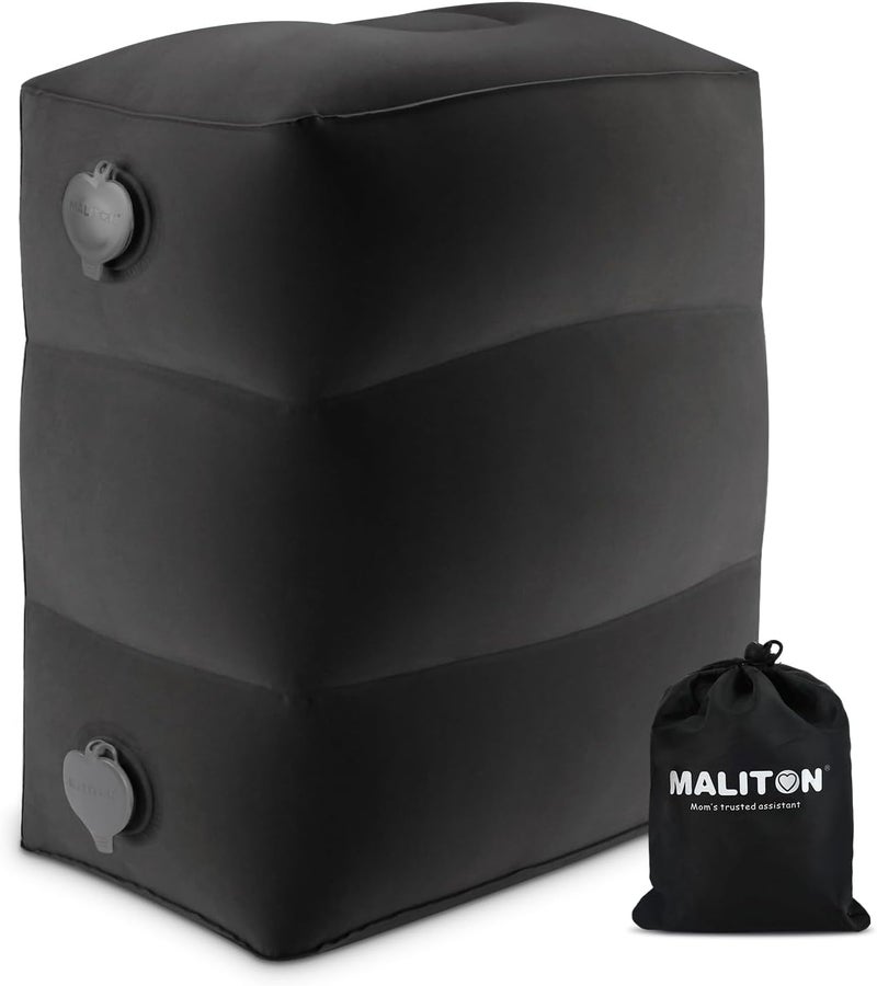 Maliton وسادة دعم القدم القابلة للنفخ من ماليتون للسفر، سرير طائرة للأطفال، دعم القدم لمقاعد السيارات للأطفال، وسادة دعم الساق بارتفاع قابل للتعديل للطائرة، المنزل، المكتب (أسود، 1 عبوة) - Image 1