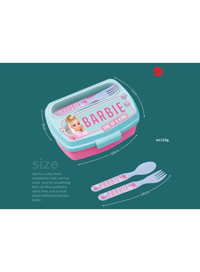 Mattel Games Stor Barbie BB22 Funny Lunch Box for Kids with Cutlery – 30oz BPA-Free Reusable Lunch Container with Spoon & Fork, Secure Snap Lid, Lightweight Durable Food Storage Box for School, Travel & Everyday Meals - Image 4