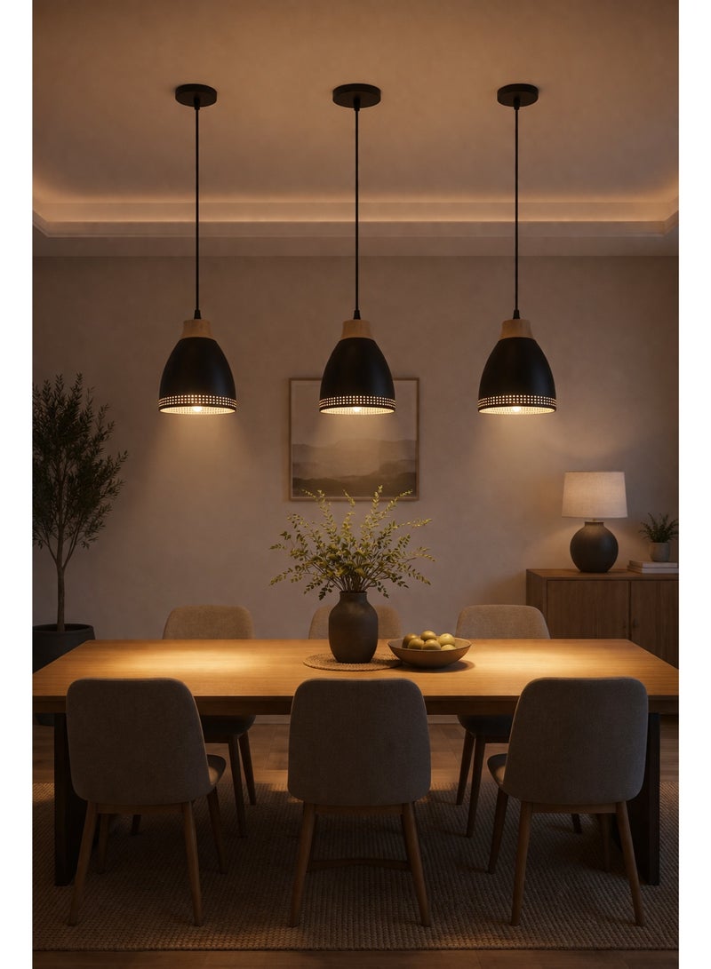 مصباح سقف معلق معدني حديث E27 مع لمبة LED إضاءة دافئة، تصميم شبكي أسود مع لمسة خشبية، ارتفاع قابل للتعديل، مناسب للمنزل والمطبخ وغرفة الطعام - Image 2