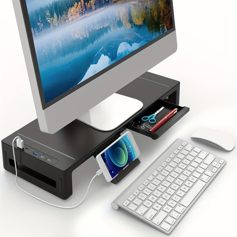 Black Desktop Monitor Riser With Drawer And Vertical Stand For Laptop With Data Ports Type C Charging - Image 1