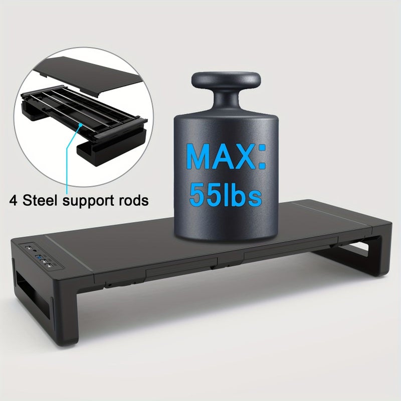 Black Desktop Monitor Riser With Drawer And Vertical Stand For Laptop With Data Ports Type C Charging - Image 4