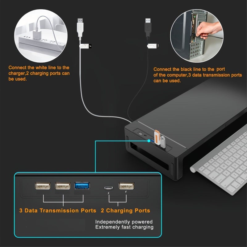 Black Desktop Monitor Riser With Drawer And Vertical Stand For Laptop With Data Ports Type C Charging - Image 3