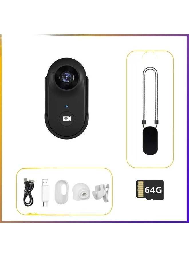 شابية كاميرا أكشن صغيرة، كاميرا أكشن للجسم قابلة للارتداء، كاميرا فيديو أكشن محمولة ممتازة، كاميرا تسجيل بدون استخدام اليدين بحجم الإبهام، للسفر والحيوانات الأليفة والتصوير تحت الماء (تحتوي على بطاقة ذاكرة 64 جيجابايت، كابل بيانات، محول، غطاء سيليكون، قاعدة، مشبك خلفي، طوق مغناطيسي، أسود) - Image 1