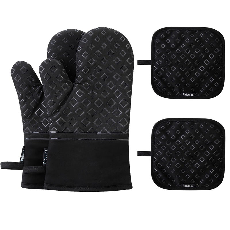 Piduules Set of 4 Oven Mitts and Pot Holders 482 F Heat Resistant Hot Plate Moving NonSlip Gloves for BBQ Grill Baking Cooking Oven Microwave Black