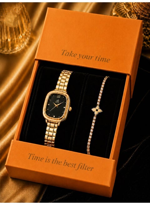 Women’s Watch Set for Ladies Gifts for Her, Women’s Quartz Watch and Clover Bracelet Set, Chic Elegant Watch for Office and Daily Wear, 3ATM Waterproof Gift Box for Birthday Ramadan Eid Anniversary