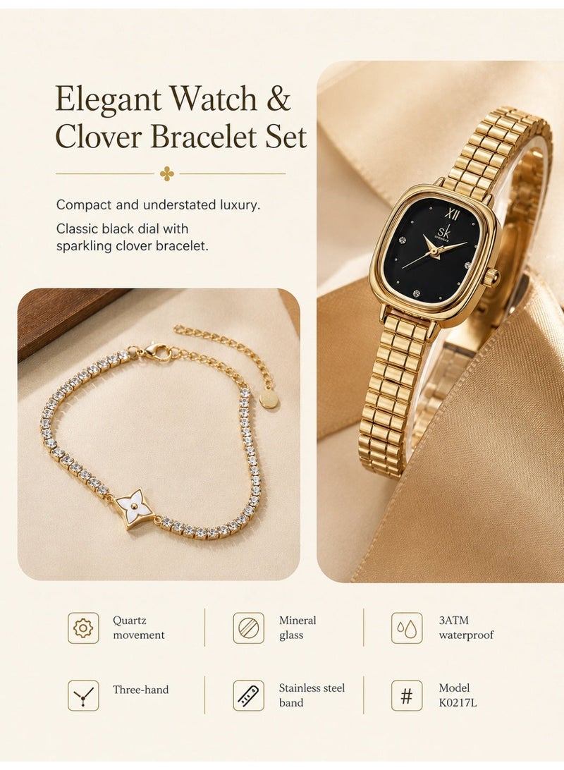 shengke Women’s Watch Set for Ladies Gifts for Her, Women’s Quartz Watch and Clover Bracelet Set, Chic Elegant Watch for Office and Daily Wear, 3ATM Waterproof Gift Box for Birthday Ramadan Eid Anniversary - Image 4