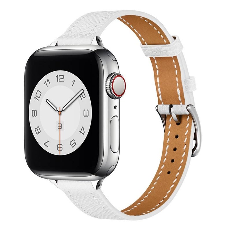 AD White Classic Leather Strap Smartwatch Band Compatible with Apple Watch / SE with Adjustable Fit Replacement Strap for Daily Wear - Image 1