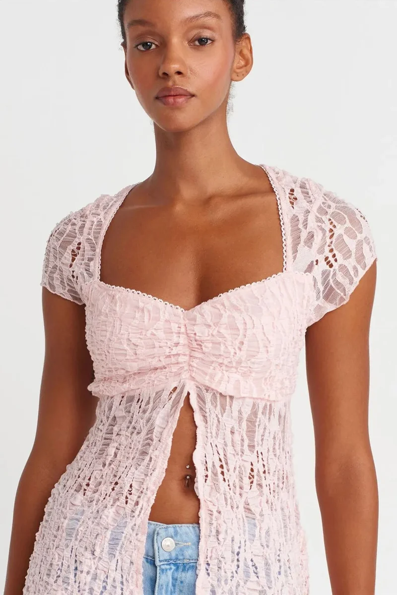 Dilvin Blush Pink DILVIN Slim Fit Lace Square-neck Top for Women | Best Price UAE