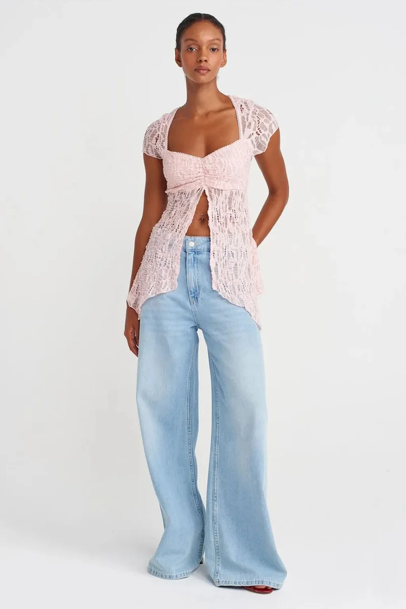 Dilvin Blush Pink DILVIN Slim Fit Lace Square-neck Top for Women | Best Price UAE