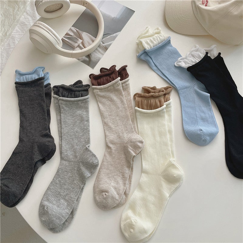 Japanese style spring and summer personalized curling double lukou contrast color piled socks mesh transparent silk pit socks thin summer women Light gray - Image 5