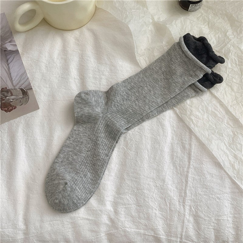 Japanese style spring and summer personalized curling double lukou contrast color piled socks mesh transparent silk pit socks thin summer women Light gray - Image 1