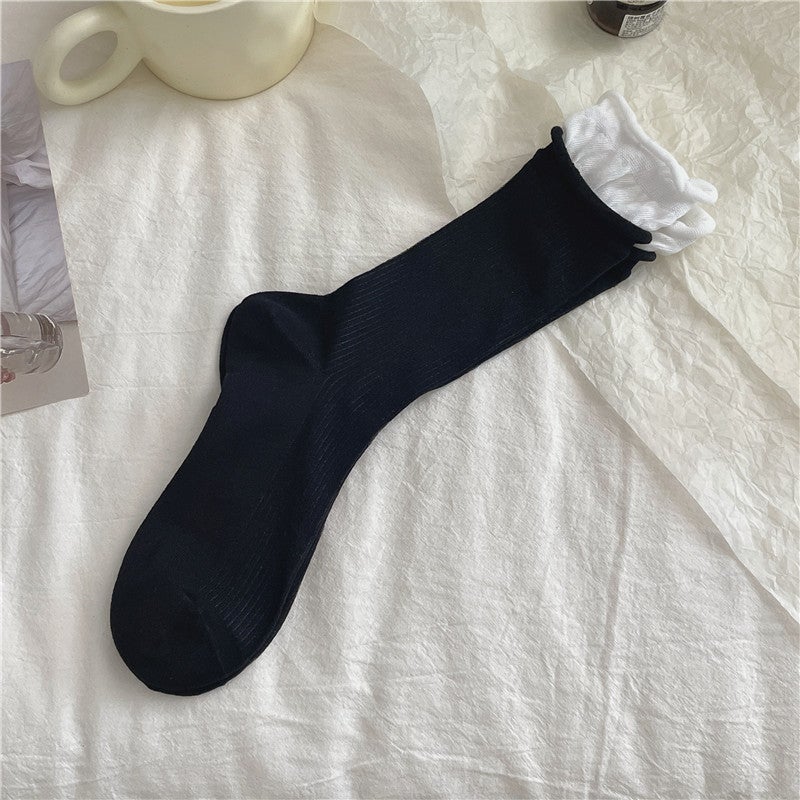 Japanese style spring and summer personalized curling double lukou contrast color piled socks mesh transparent silk pit socks thin summer women Light gray - Image 3