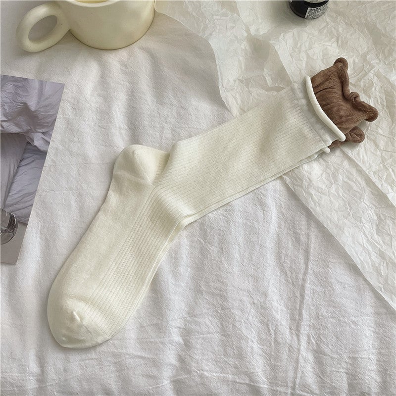 Japanese style spring and summer personalized curling double lukou contrast color piled socks mesh transparent silk pit socks thin summer women Light gray - Image 4