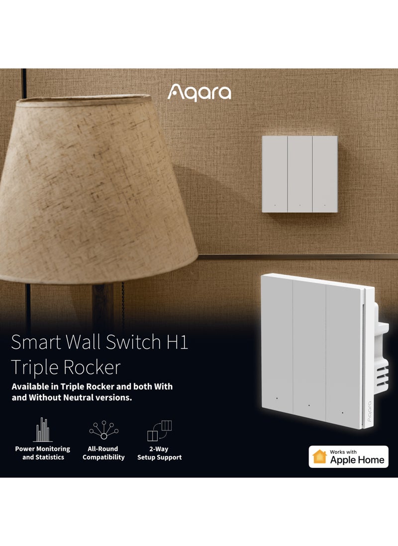 Aqara - Aqara H1 Smart Wall Switch Triple Rocker Global version,Zigbee 3.0 Protocol, No Neutral, Round Wall Box Support -White - Image 1