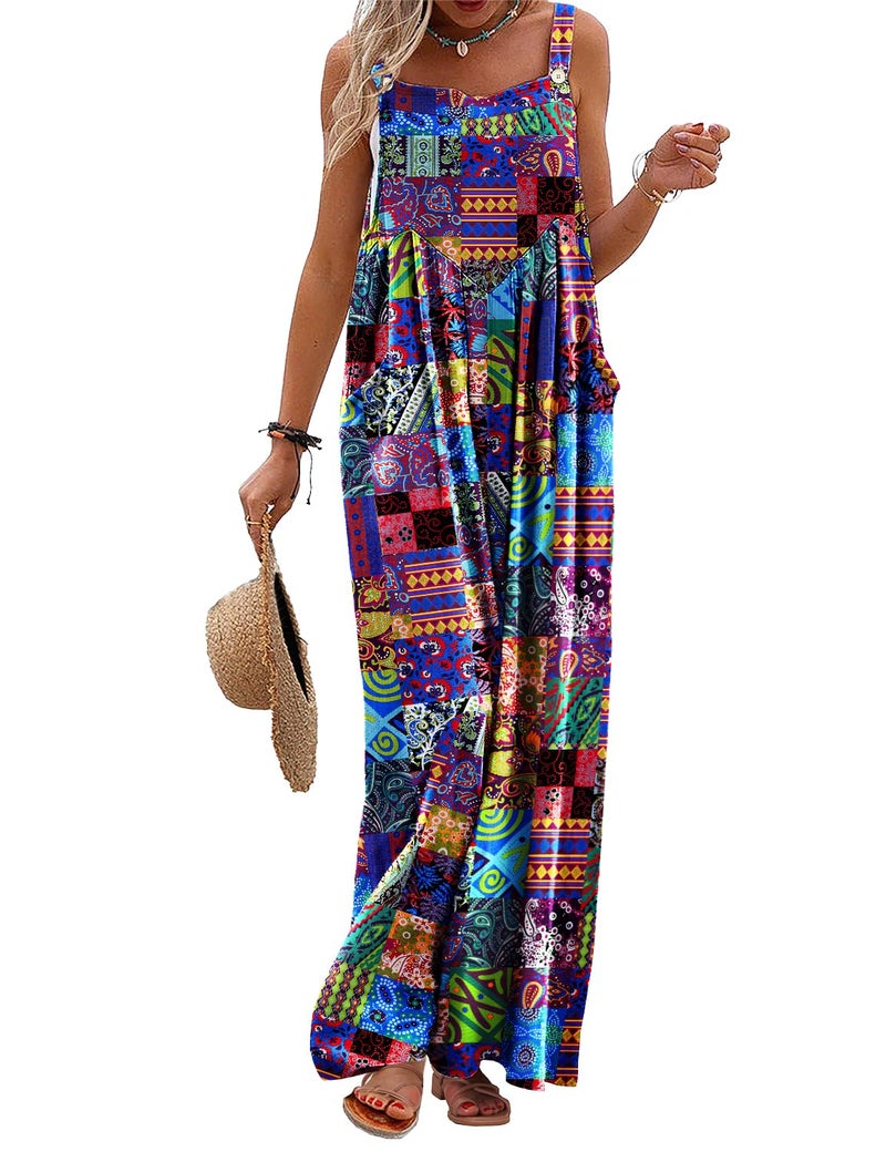 YESNO Women's Summer Casual Overalls Loose Wide Leg Jumpsuits Boho Floral Printed Baggy Rompers with Pockets 2XL PZH CRP002B - Image 5