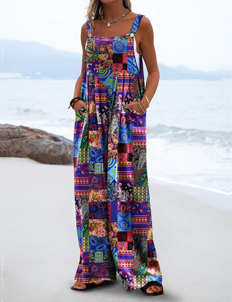 YESNO Women's Summer Casual Overalls Loose Wide Leg Jumpsuits Boho Floral Printed Baggy Rompers with Pockets 2XL PZH CRP002B - Image 3