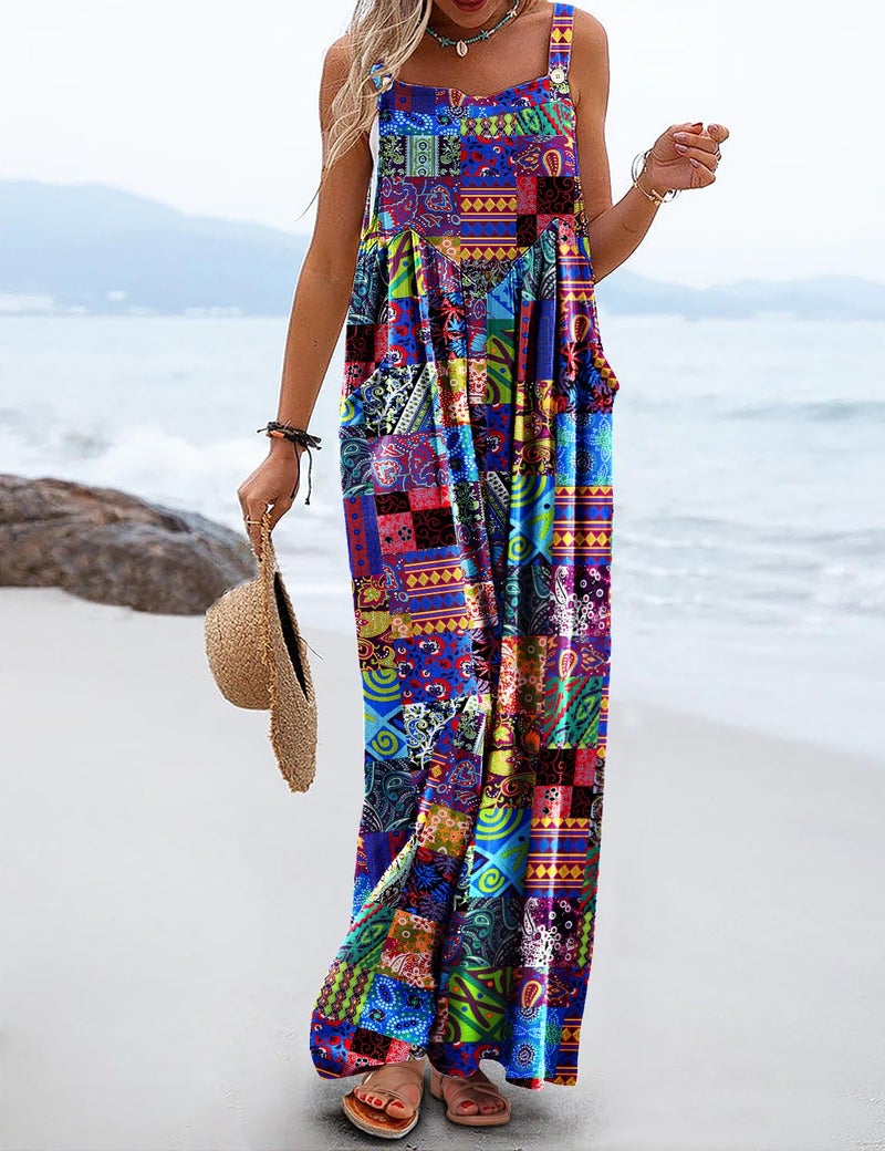 YESNO Women's Summer Casual Overalls Loose Wide Leg Jumpsuits Boho Floral Printed Baggy Rompers with Pockets 2XL PZH CRP002B - Image 2
